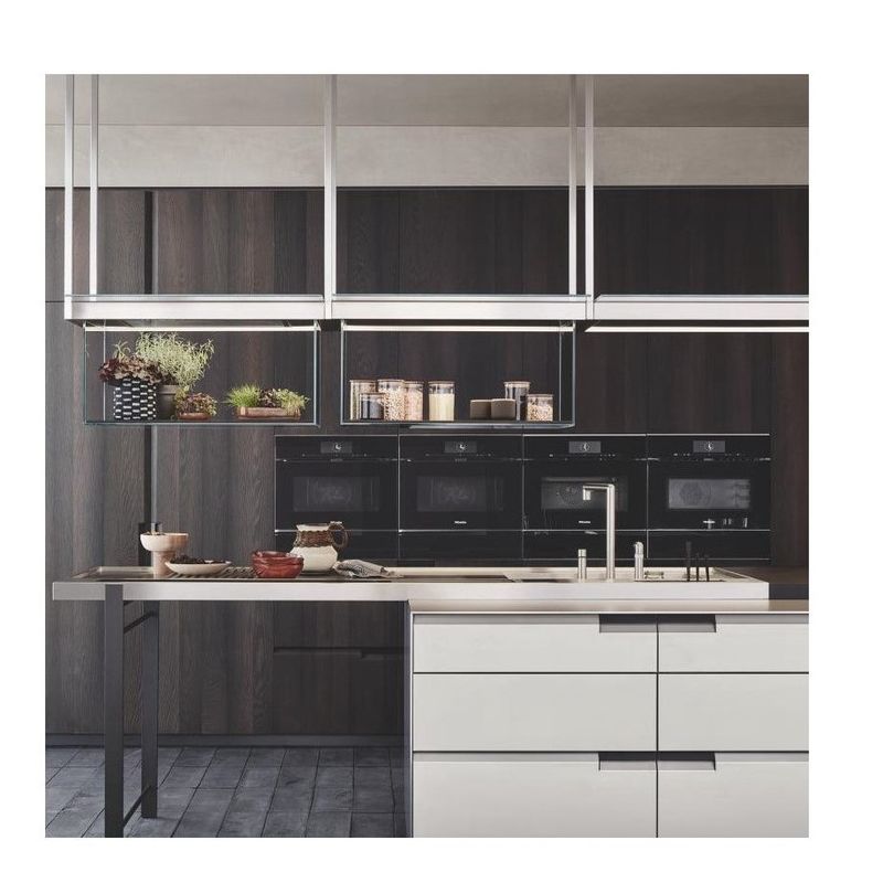 Durable Kitchen Wall Cabinet with Customized Veneer Color and Quartz Stone Countertop