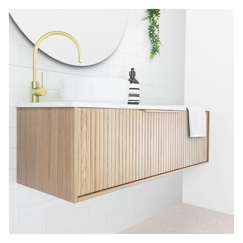 Apartment Bathroom Vanity with Solid Wood Door Panel and Custom Light Wood Grain
