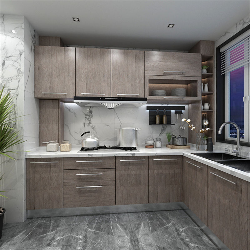 Melamine Board Door Material Kitchen Cabinet with Flat Edge Countertop in White and Brown