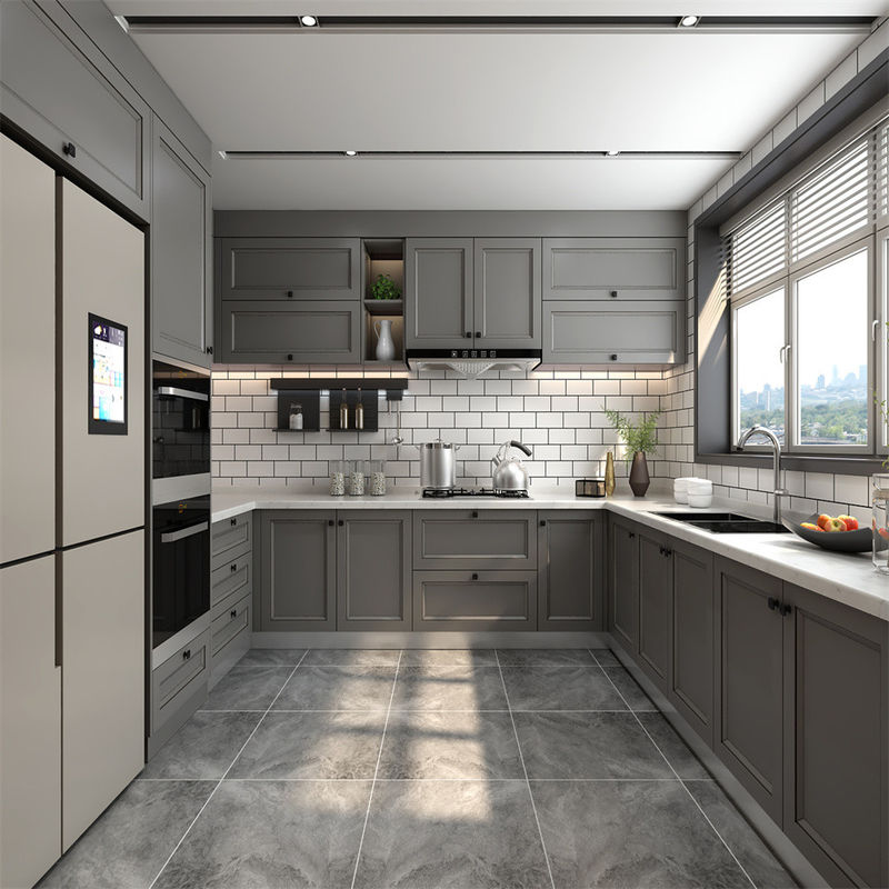 Melamine Board Door Material Kitchen Cabinet with Flat Edge Countertop in White and Brown