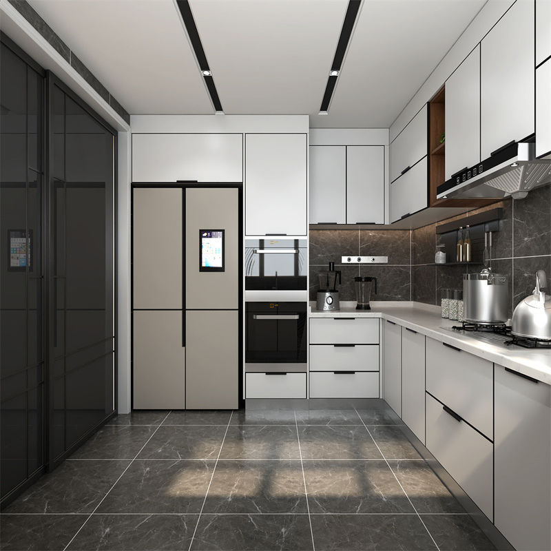 Melamine Board Door Material Kitchen Cabinet with Flat Edge Countertop in White and Brown