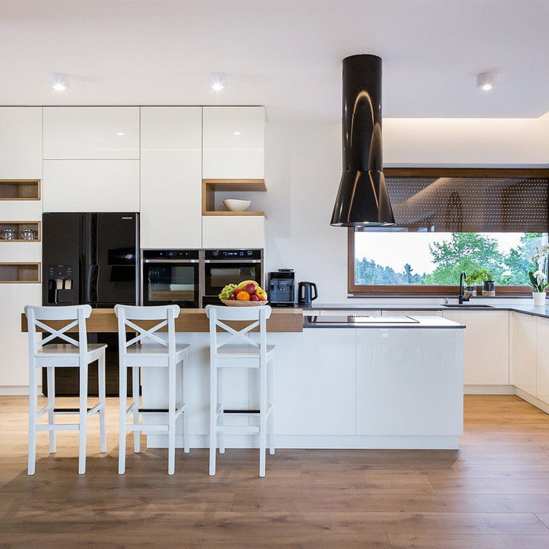Customized High End Kitchen Cabinets with Island Designs and Modern Glossy Veneer Color