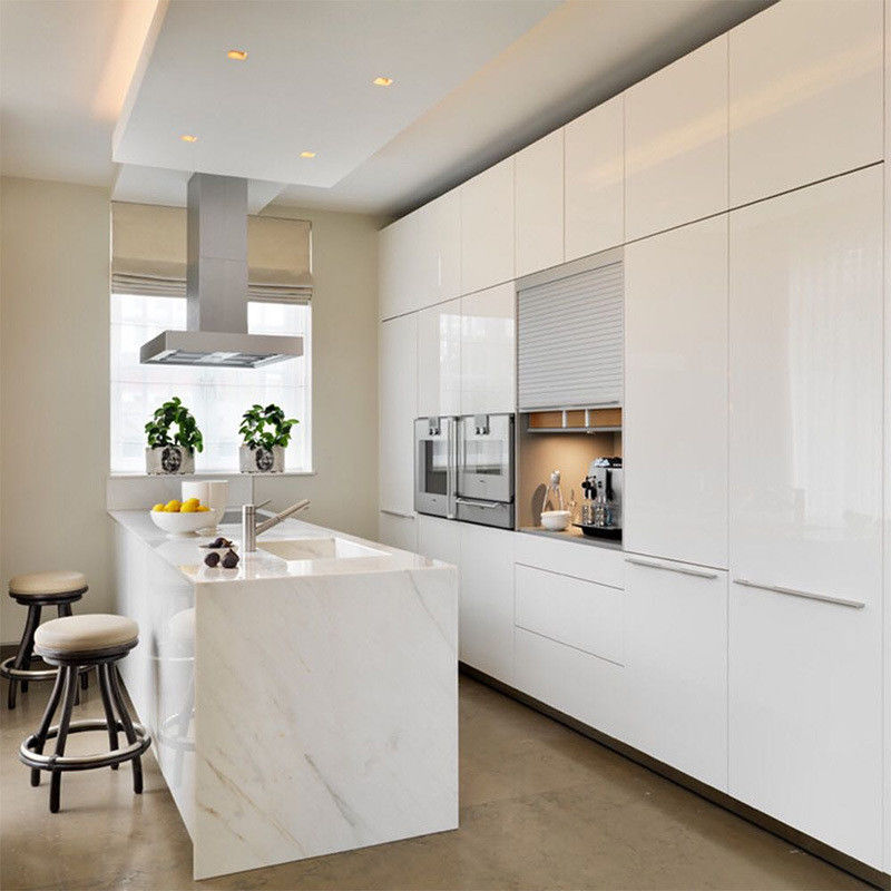 Customized High End Kitchen Cabinets with Island Designs and Modern Glossy Veneer Color