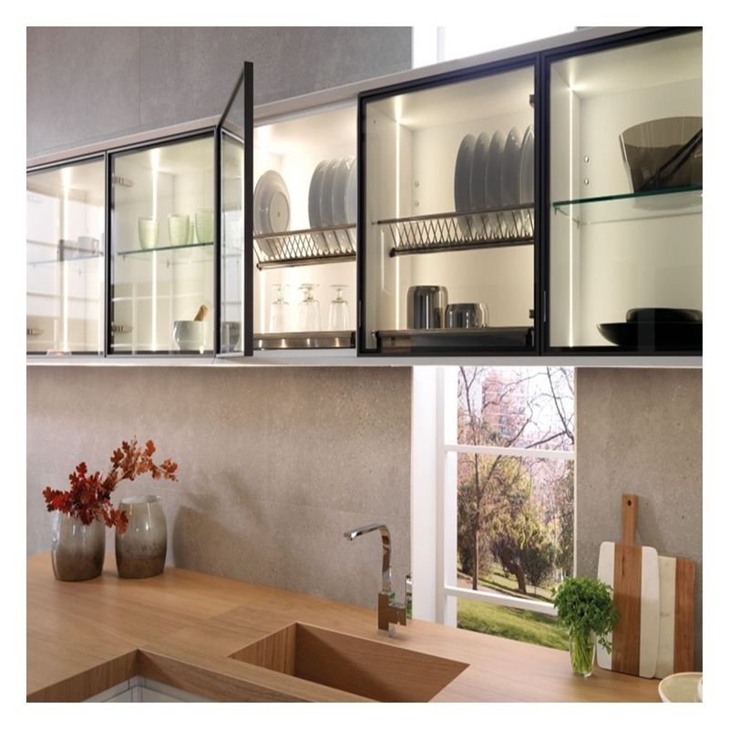 Faucet Accessories Dark Glass Panel Solid Wood Modular Kitchen Cabinets for Apartment