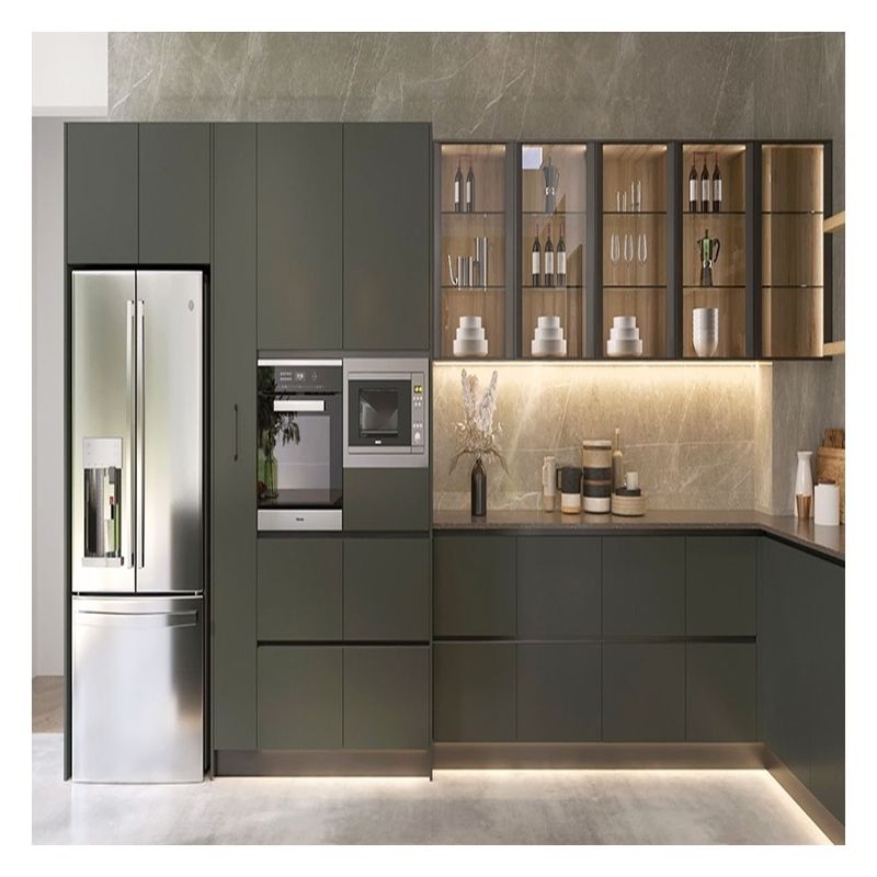 Faucet Accessories Dark Glass Panel Solid Wood Modular Kitchen Cabinets for Apartment