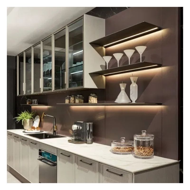 Faucet Accessories Dark Glass Panel Solid Wood Modular Kitchen Cabinets for Apartment