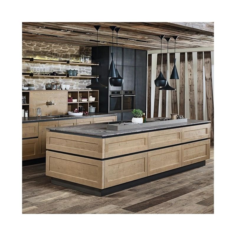 Solid Wood Kitchen Cabinets with Beveled Edge Countertop Edging and MDF Door Material
