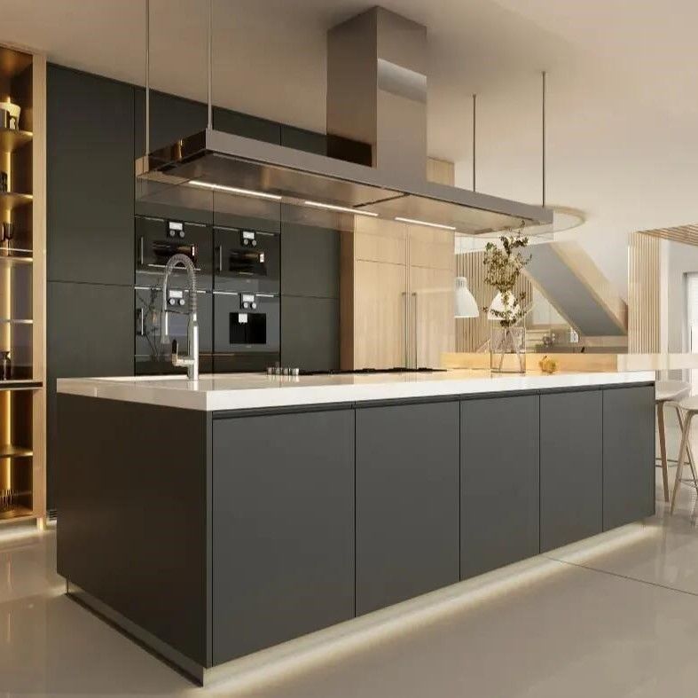 Blum Hardware Custom Veneer Color Kitchen Cabinets with Islands and 3D Model Design