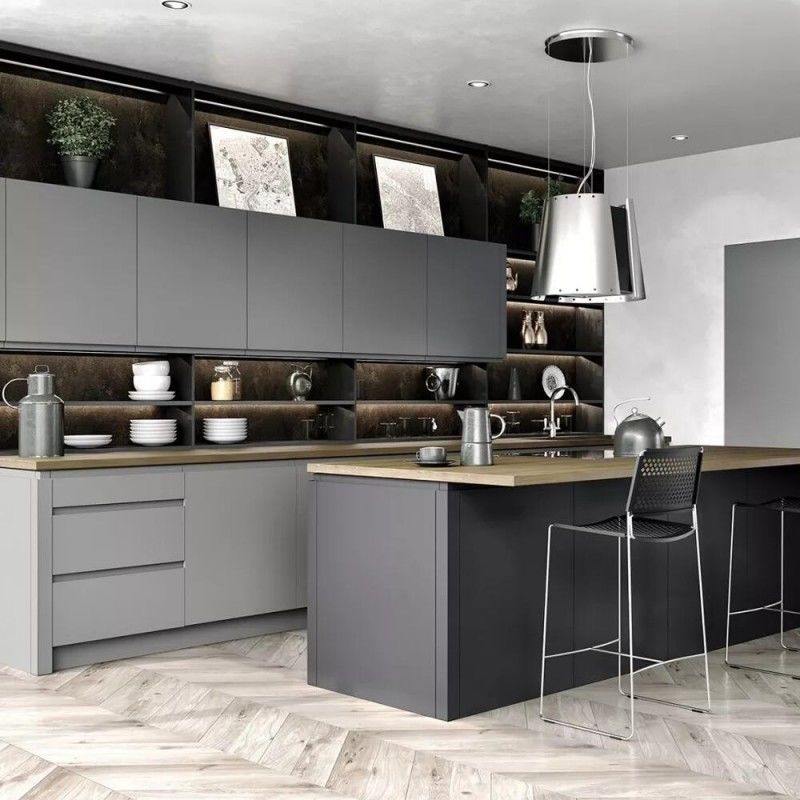 Highly ODM/OEM Black Single-wall Bespoke Kitchen Cabinet with Large Island and Blum