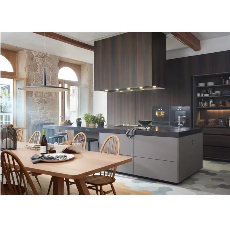 Waterproof Fireproof Advantage in Modern Style Veneer Wood Kitchen Cabinet and Island