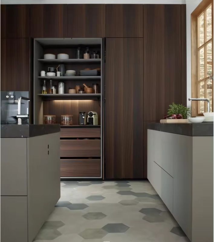 Waterproof Fireproof Advantage in Modern Style Veneer Wood Kitchen Cabinet and Island