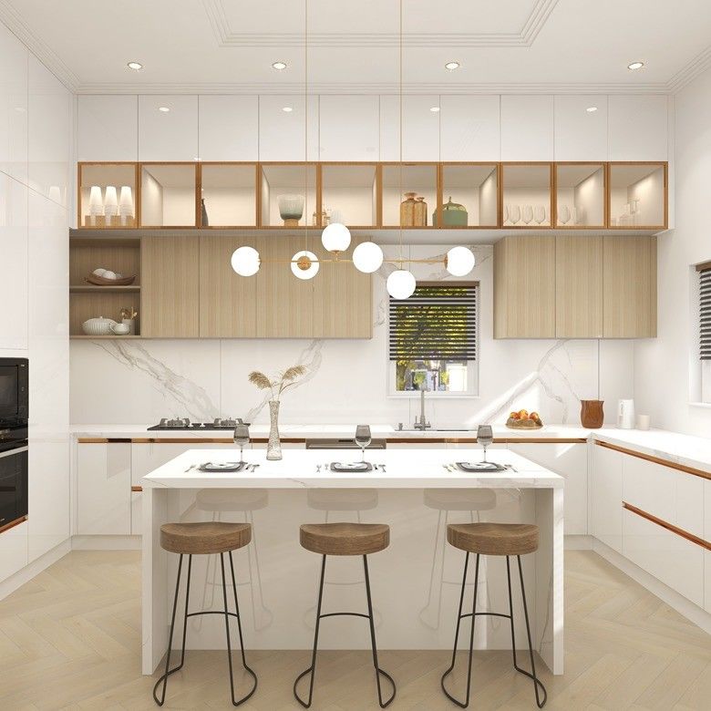 Modern White Lacquer Kitchen Cabinet with Acrylic Door Panel and Quartz Stone Countertop