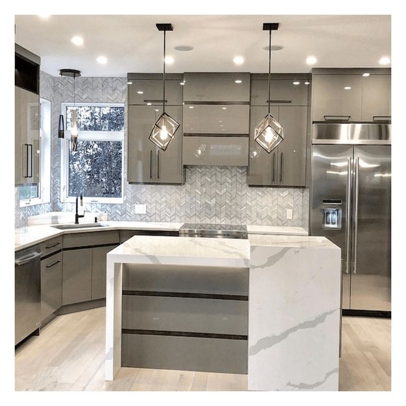 Solid Wood Kitchen Cabinets with Kitchen Island Design in Modern Romantic Minimalist Style