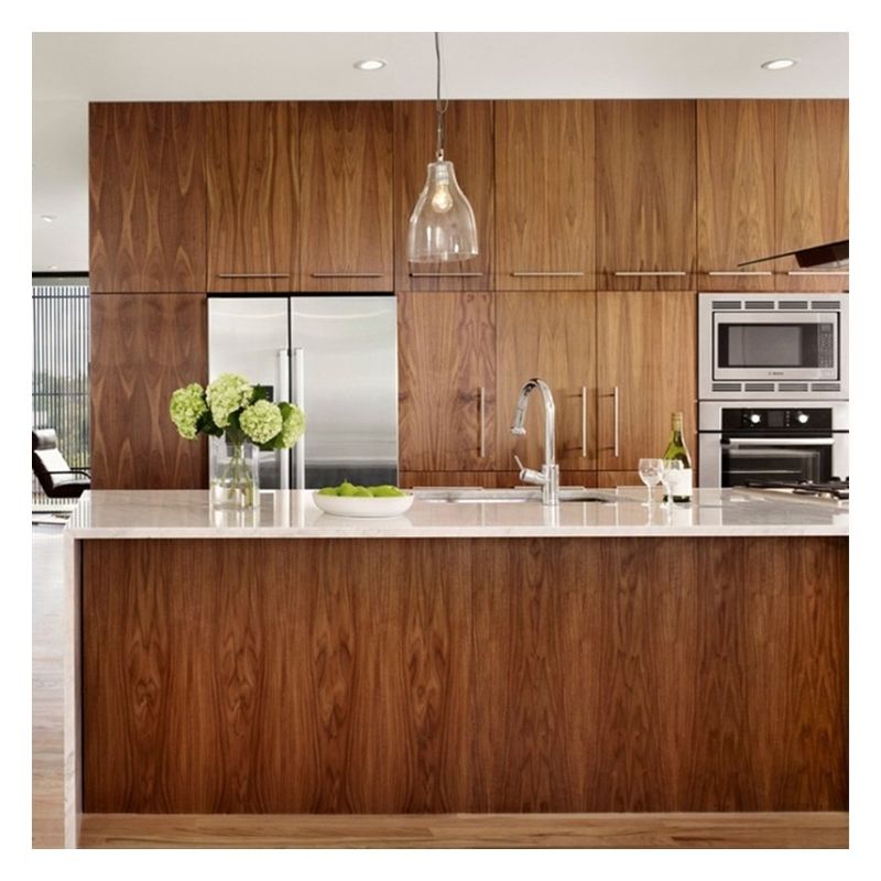 Customized Solid Wood Kitchen Cabinets with Dark Clear Wood Grain Glossy Veneer Doors