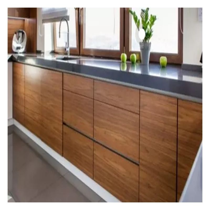Customized Solid Wood Kitchen Cabinets with Dark Clear Wood Grain Glossy Veneer Doors