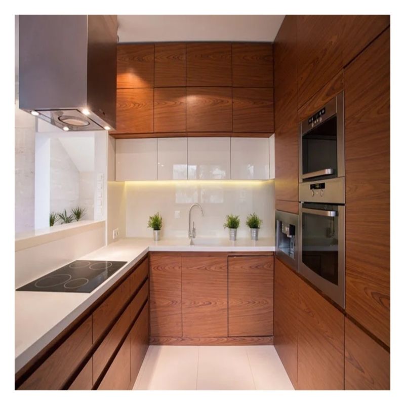 Customized Solid Wood Kitchen Cabinets with Dark Clear Wood Grain Glossy Veneer Doors