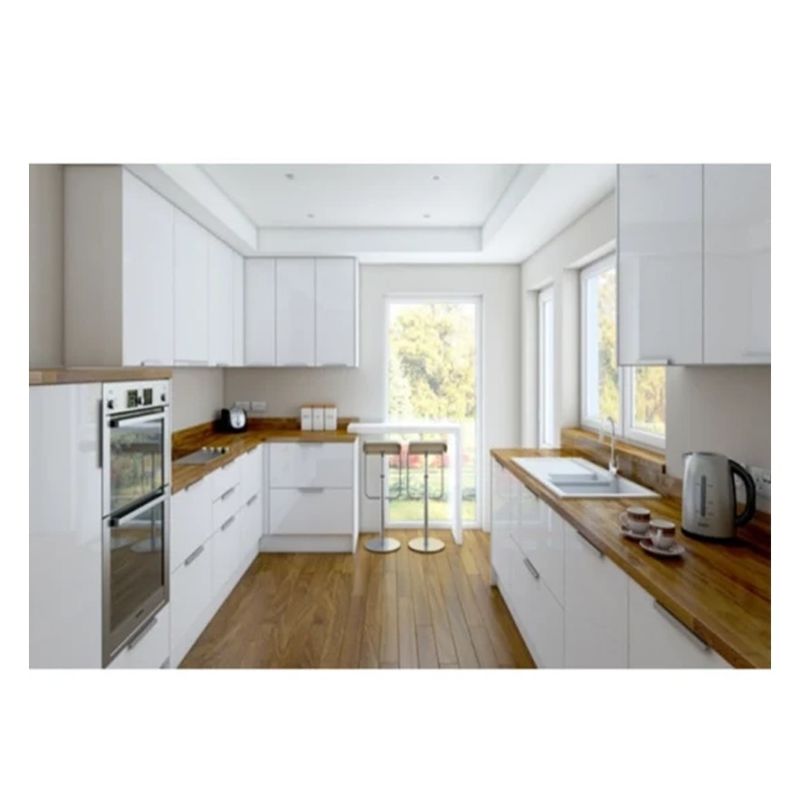 Small Kitchen Modular Cabinets in Light Glossy Lacquer Finish and Customized Ral Color