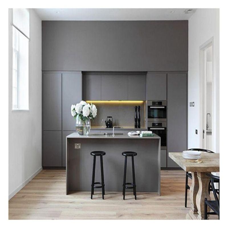 CAD/3D Freely Light Grey Matte Lacquer Solid Wood Kitchen Cabinets with Centre Island