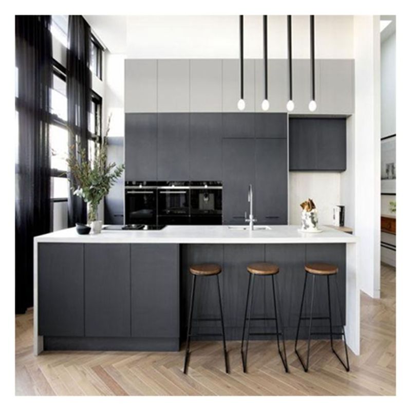 CAD/3D Freely Light Grey Matte Lacquer Solid Wood Kitchen Cabinets with Centre Island