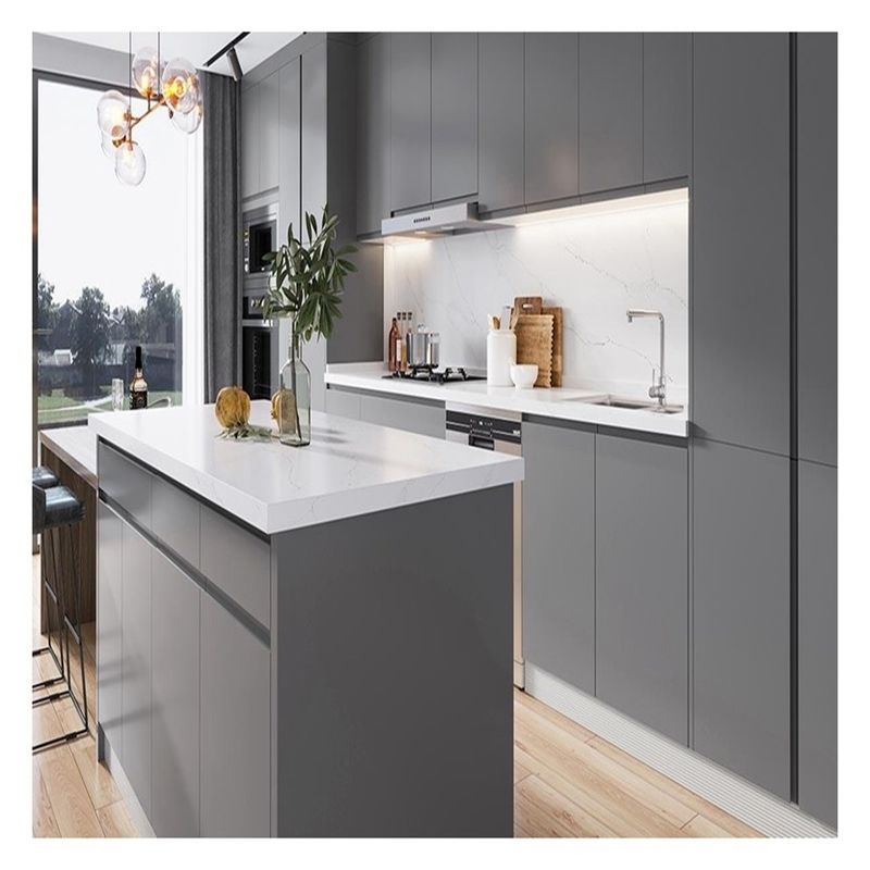 CAD/3D Freely Light Grey Matte Lacquer Solid Wood Kitchen Cabinets with Centre Island