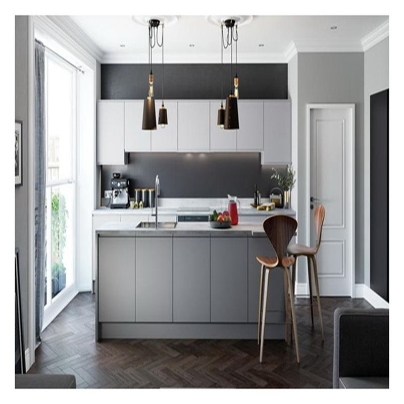 CAD/3D Freely Light Grey Matte Lacquer Solid Wood Kitchen Cabinets with Centre Island