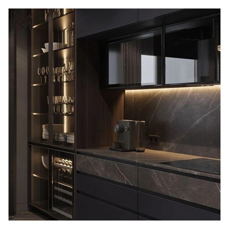 High End Customised Glass Panel Dark Lacquered Plywood Kitchen Cabinets With Plywood Door