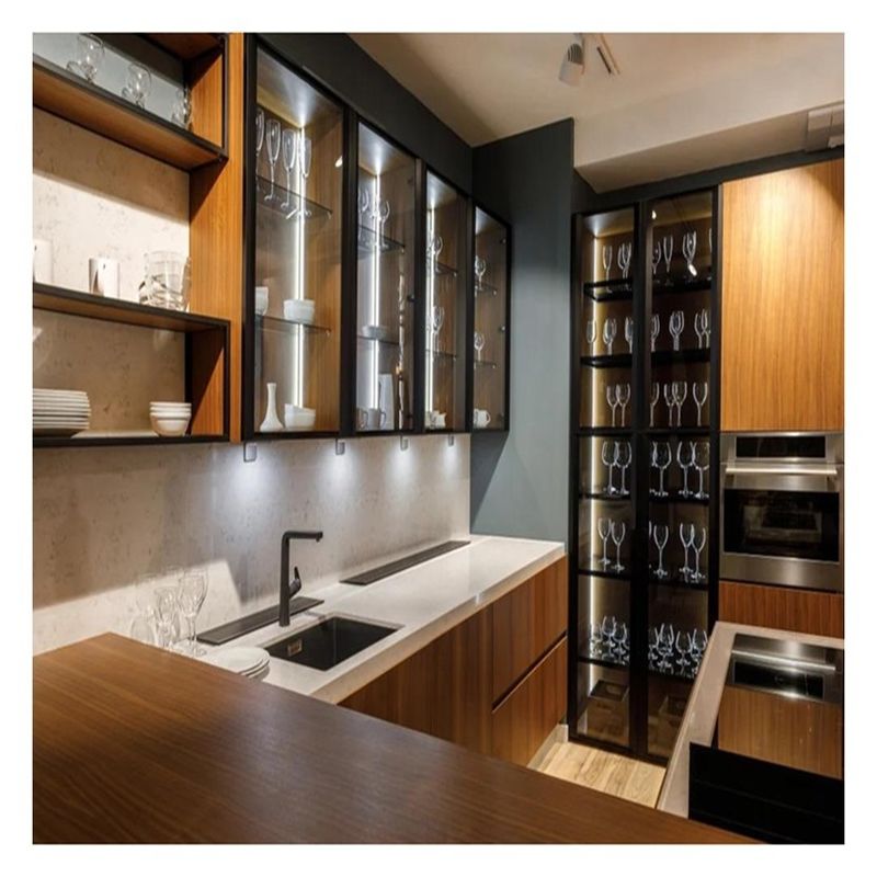 High End Customised Glass Panel Dark Lacquered Plywood Kitchen Cabinets With Plywood Door