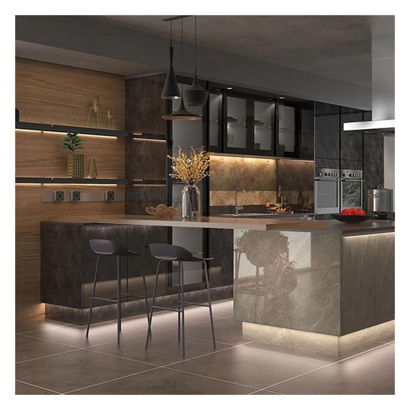 High End Customised Glass Panel Dark Lacquered Plywood Kitchen Cabinets With Plywood Door