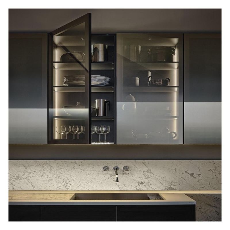 High End Customised Glass Panel Dark Lacquered Plywood Kitchen Cabinets With Plywood Door