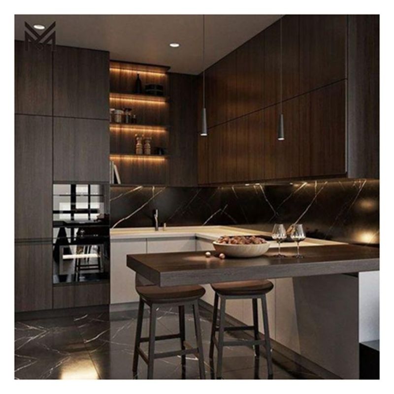 High End Customised Glass Panel Dark Lacquered Plywood Kitchen Cabinets With Plywood Door