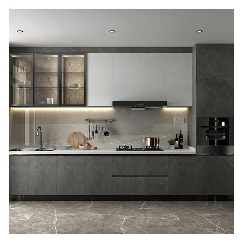 High End Customised Glass Panel Dark Lacquered Plywood Kitchen Cabinets With Plywood Door