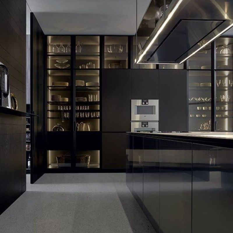 Veneer Finished Black PVC Kitchen Cupboards with Modern Design and Customized Color