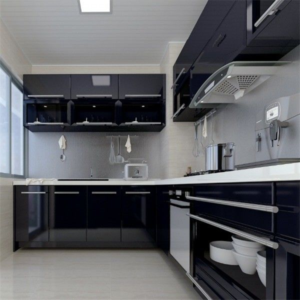 Veneer Finished Black PVC Kitchen Cupboards with Modern Design and Customized Color
