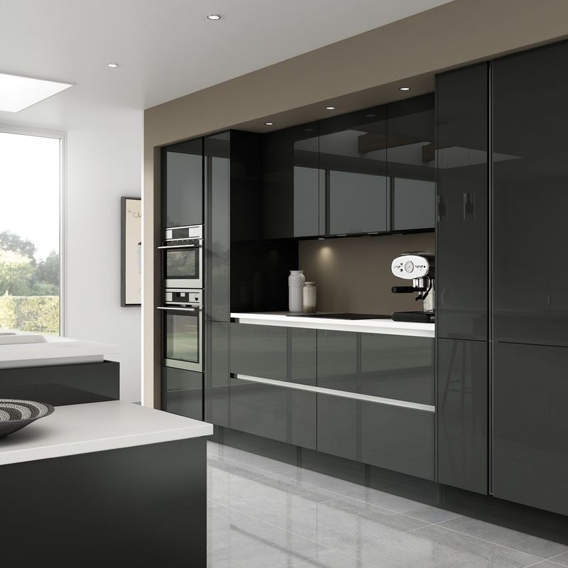Blum Hardware Kitchen Island Pantry Cupboard with Solid Wood Door Panel in Black Design