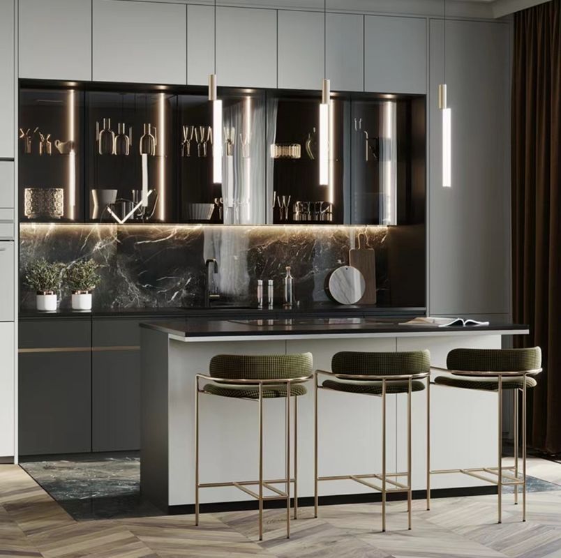 Blum Hardware Kitchen Island Pantry Cupboard with Solid Wood Door Panel in Black Design