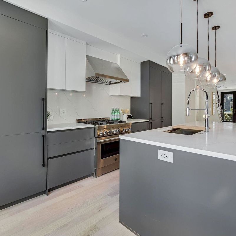 Modern Indoor Kitchen Cabinet Set with Gray Island Shape and MDF Doors at Affordable