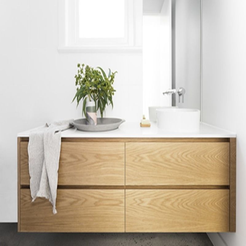 Modern Euro Style Bathroom Vanity with Wood Grain Floating Vanity and Silver Mirror