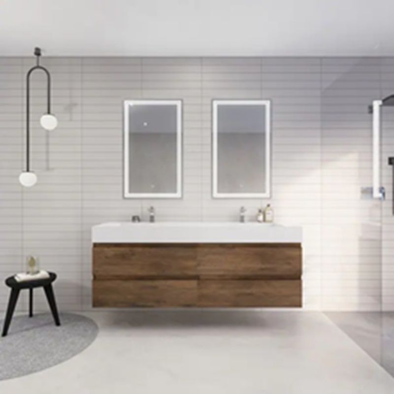 Modern Euro Style Bathroom Vanity with Wood Grain Floating Vanity and Silver Mirror