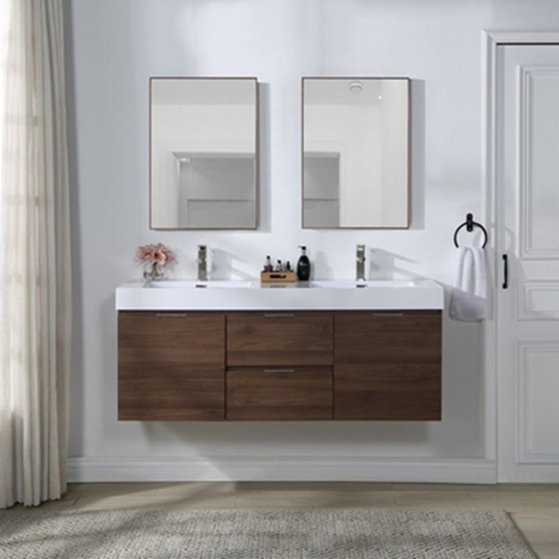 Modern Euro Style Bathroom Vanity with Wood Grain Floating Vanity and Silver Mirror