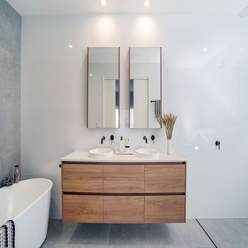 Modern Euro Style Bathroom Vanity with Wood Grain Floating Vanity and Silver Mirror