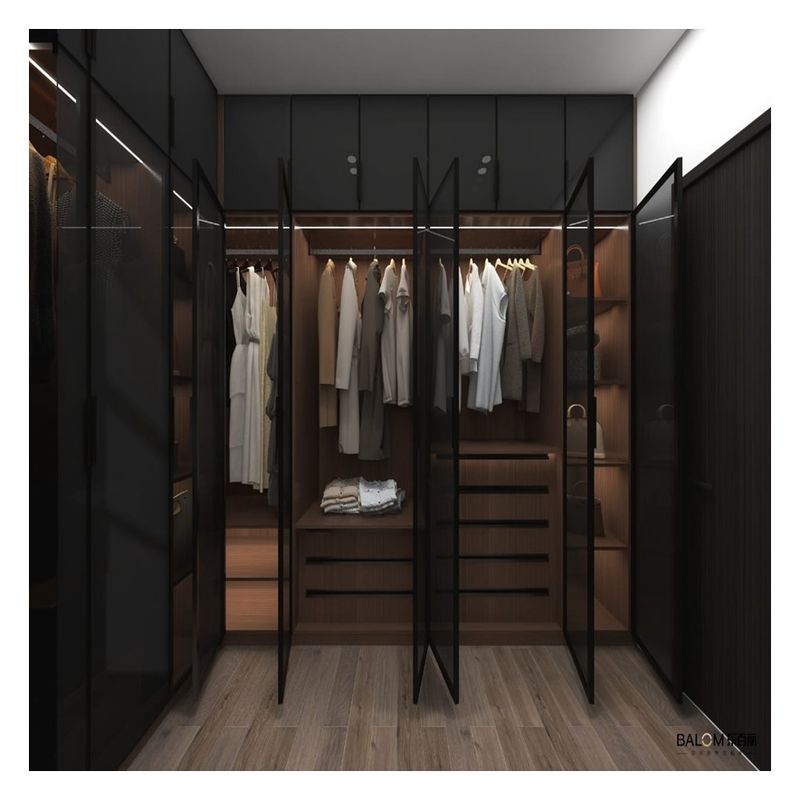 Stylish Walk-in Closets Lighting Design Black Glass Door Panel with Foldable Panels