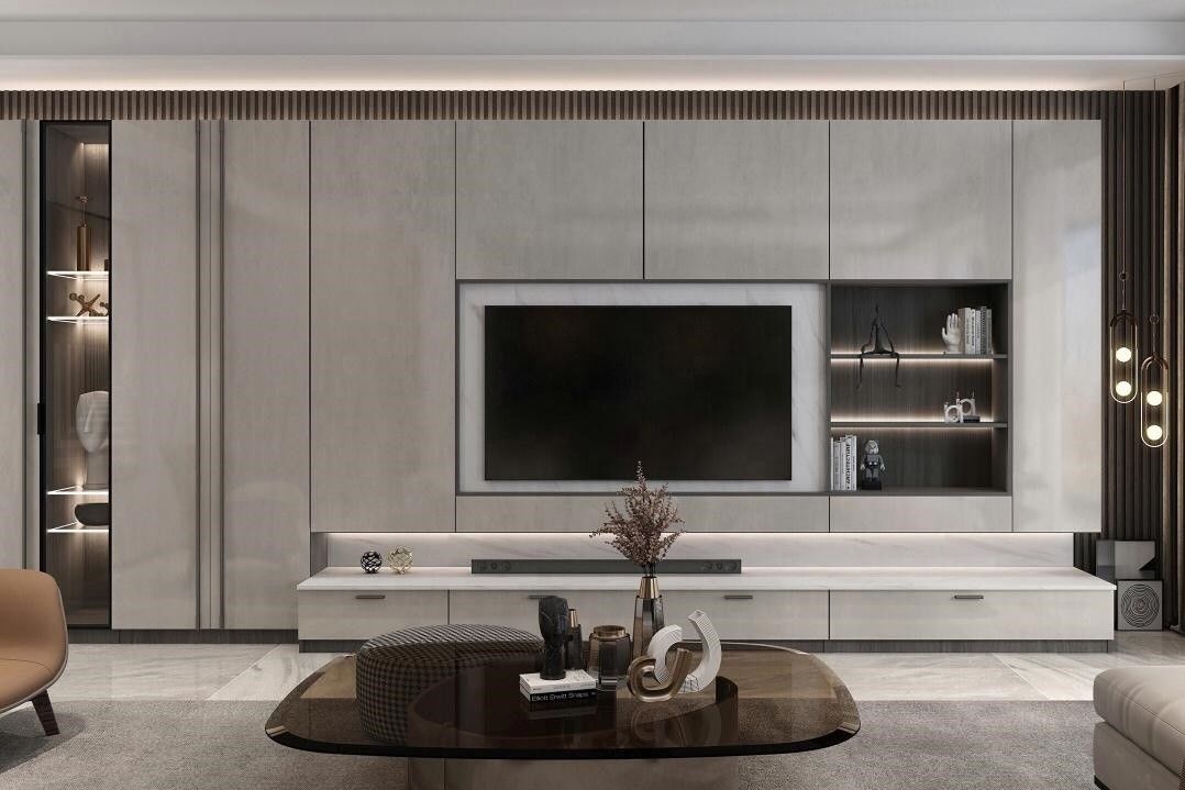 2022 Home Interior Wall Decorating Ideas Modern Living Room Wood PANEL TV Cabinet Design