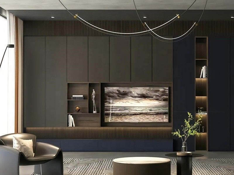 2022 Home Interior Wall Decorating Ideas Modern Living Room Wood PANEL TV Cabinet Design