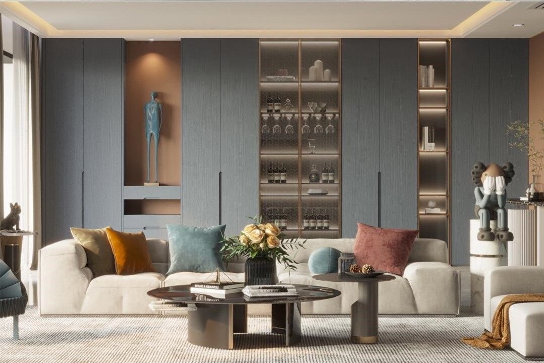 2022 Home Interior Wall Decorating Ideas Modern Living Room Wood PANEL TV Cabinet Design