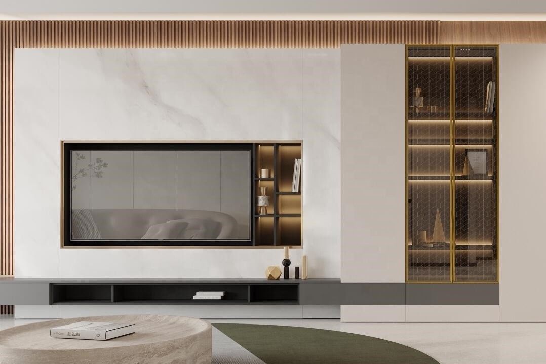 2022 Home Interior Wall Decorating Ideas Modern Living Room Wood PANEL TV Cabinet Design