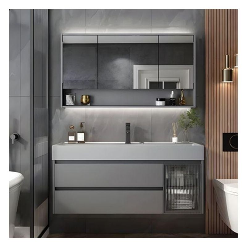 Solid Wood Grey Lacquered Bathroom Vanity with Glass Door Panel and Integral Basin Design