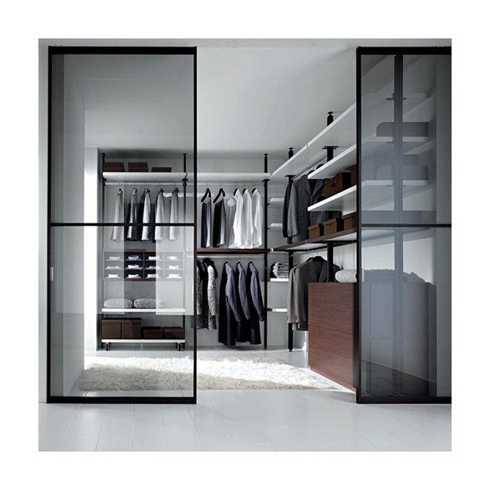 Modern Design Style Wooden Minimalist Wardrobe with Glass Door Panel and Light Strip