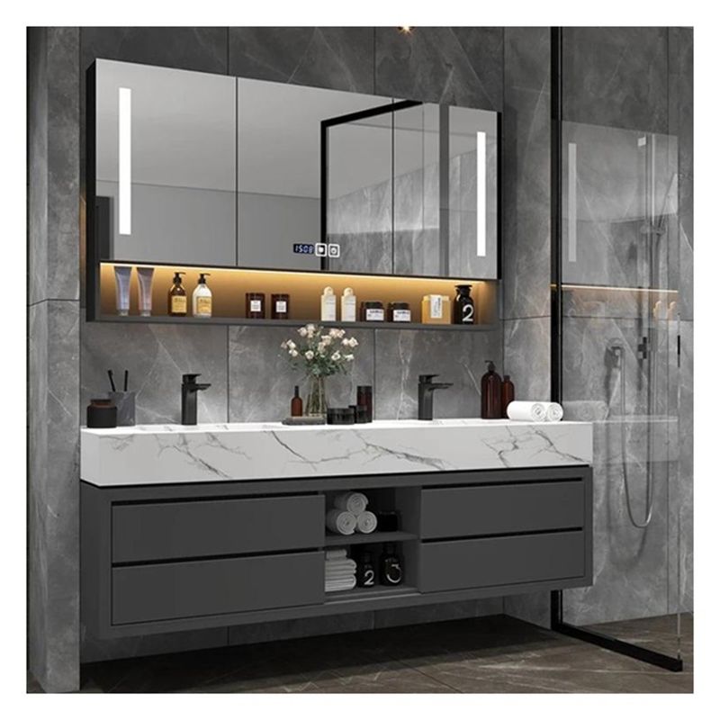 Solid Wood Grey Lacquered Bathroom Vanity with Glass Door Panel and Integral Basin Design