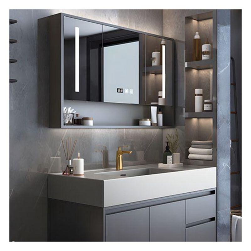 Solid Wood Grey Lacquered Bathroom Vanity with Glass Door Panel and Integral Basin Design