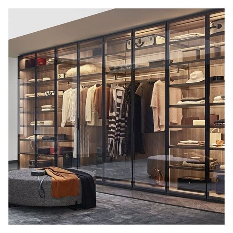 Modern Design Style Wooden Minimalist Wardrobe with Glass Door Panel and Light Strip
